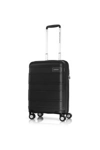 Front view of luggage spinner with retractable handle and four wheels.