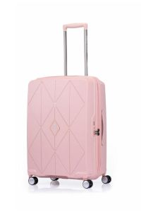 Front view of pink luggage spinner with retractable handle and four wheels.