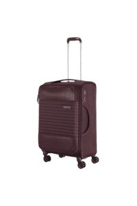 Perspective view of Raisin Red American Tourister Fornax 55cm suitcase with spinner wheels